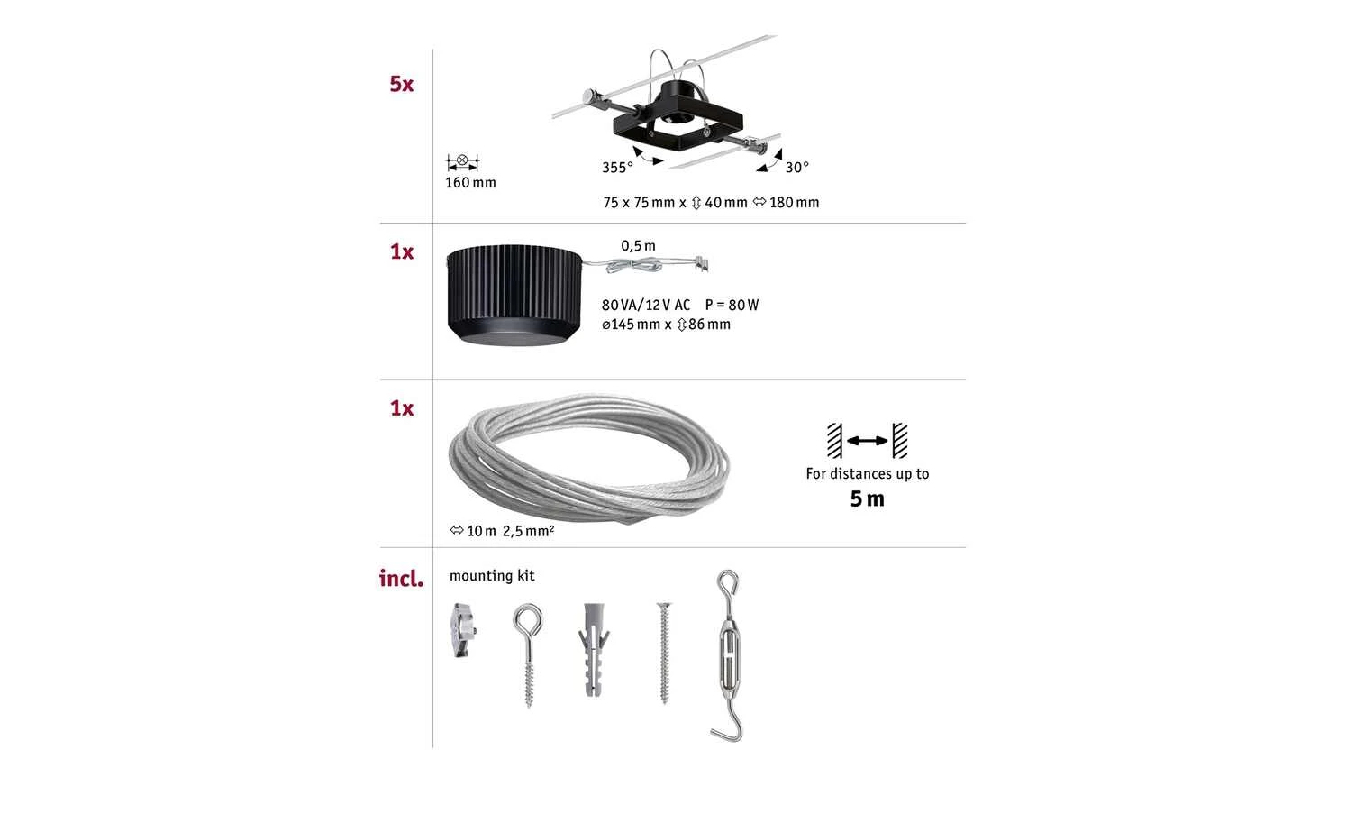 Seilsystem, Basisset, 5-flammig, schwarz-matt 6 Seilsystem, Basisset, 5-flammig, schwarz-matt – Bild 6