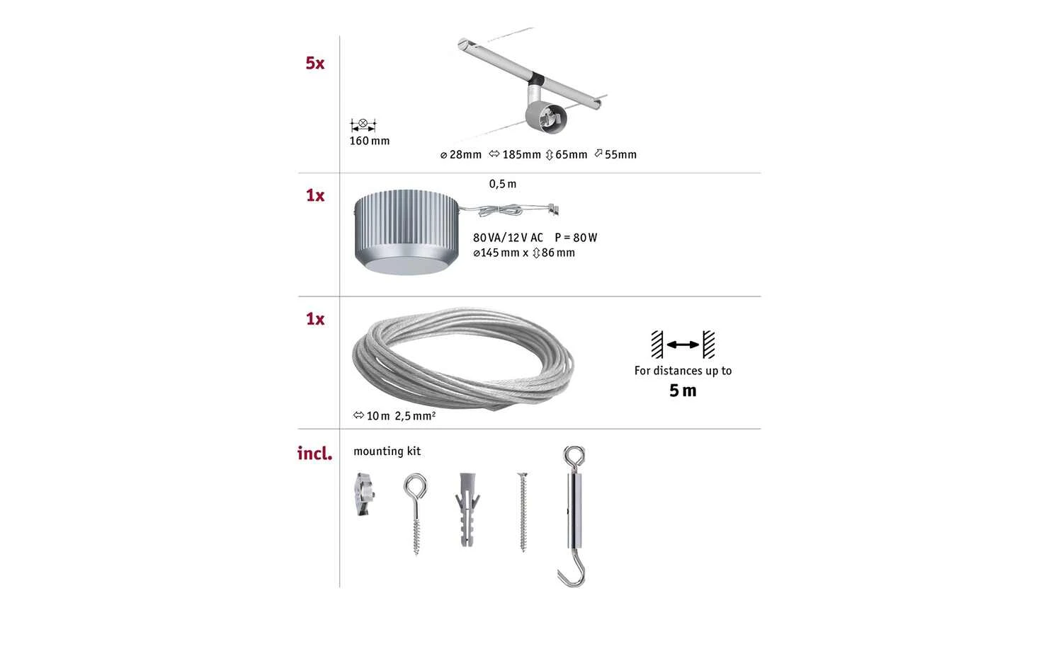 Seilsystem, Basisset, 5-flammig, chrom-matt 4 Seilsystem, Basisset, 5-flammig, chrom-matt – Bild 4