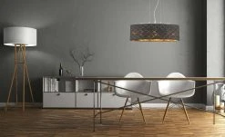 Stoffpendelleuchte, 3-flammig, Schirm schwarz/goldfarben