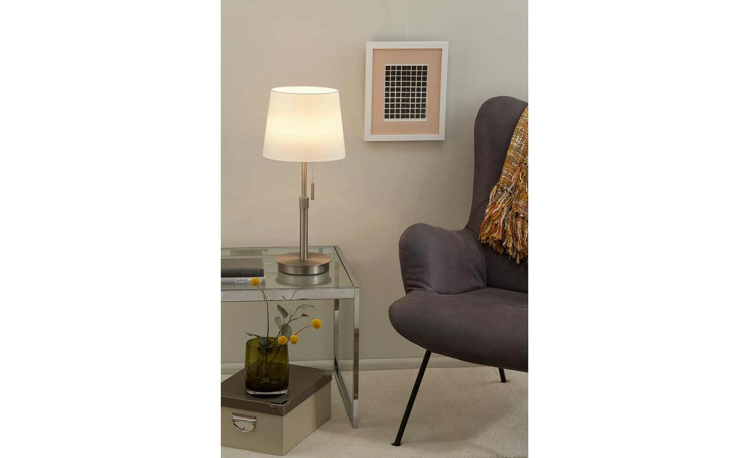 Trio Tischleuchte, 1-flammig, Nickel-matt, Stoffschirm weiß 1 Trio Tischleuchte, 1-flammig, Nickel-matt, Stoffschirm weiß