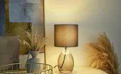 Tischleuchte, 1-flammig, Rauchglas und Stoff