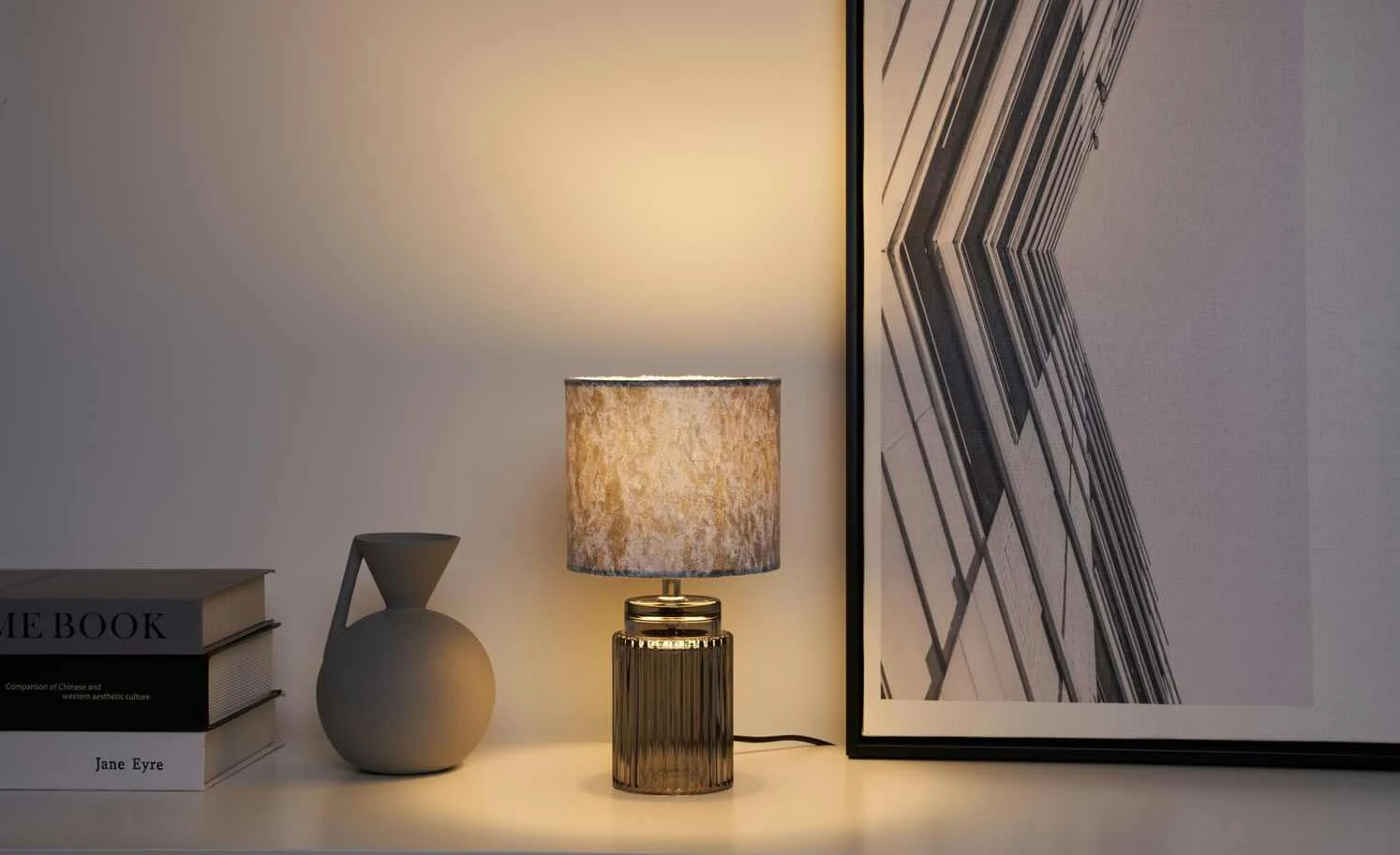 Tischeuchte, 1-flammig, Samtschirm grau 1 Tischeuchte, 1-flammig, Samtschirm grau