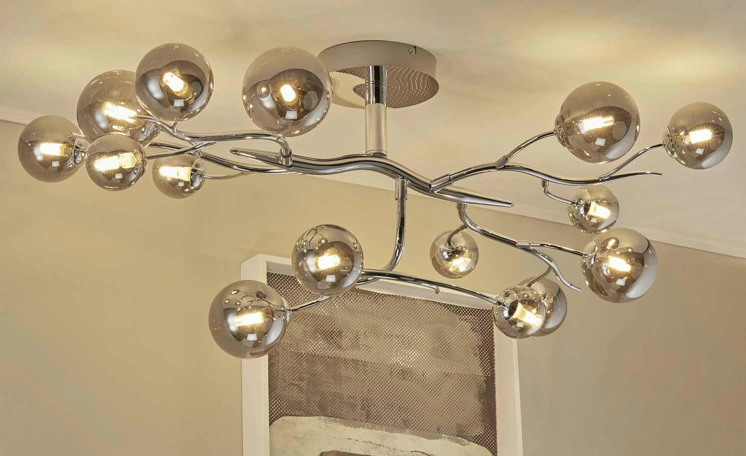 KHG Deckenleuchte, 15-flammig, chrom / Glaskugeln in Rauchglas 1 KHG Deckenleuchte, 15-flammig, chrom / Glaskugeln in Rauchglas