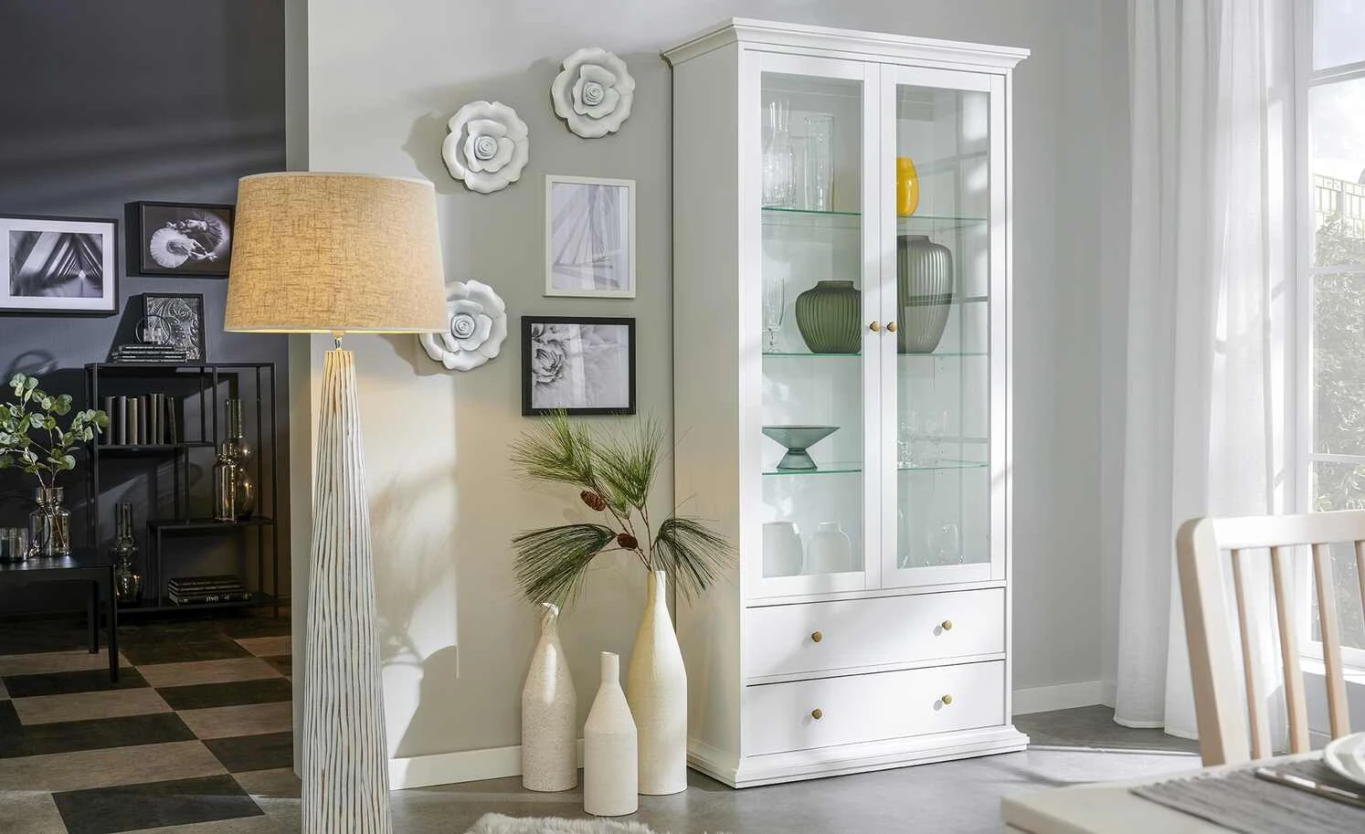 HOME STORY Stehleuchte, 1-flammig, Stoffschirm sandfarben | Weiß 1 HOME STORY Stehleuchte, 1-flammig, Stoffschirm sandfarben | Weiß