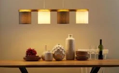 Pendelleuchte, 4-flammig, Stoffschirme grau/weiß