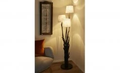 HOME STORY Treibholz-Stehleuchte, 3-flammig, schwarz mit Jute Schirm