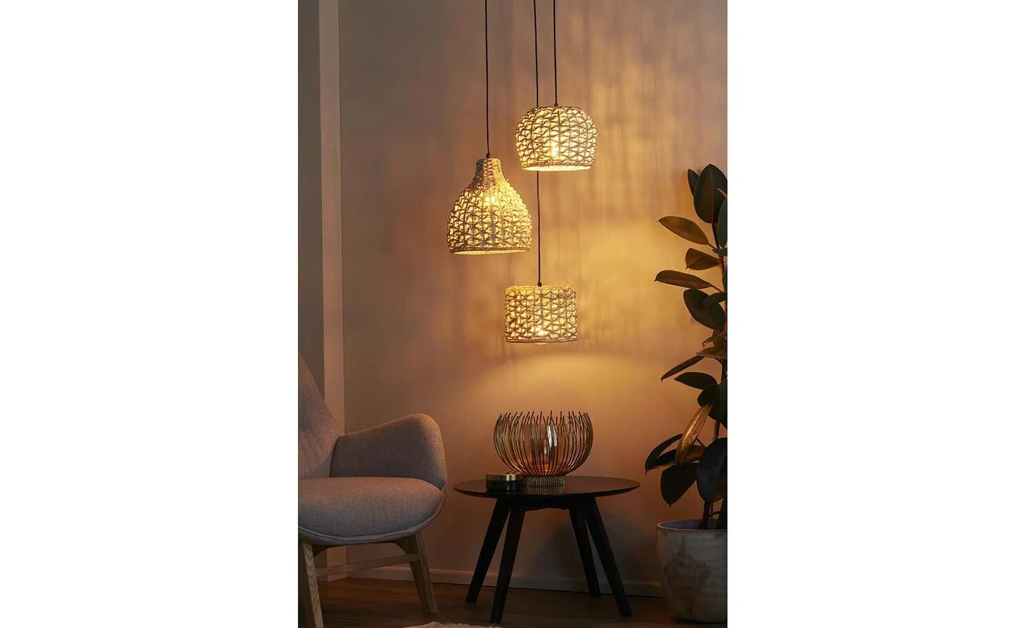 HOME STORY Rattan-Pendelleuchte, 3-flammig 1 HOME STORY Rattan-Pendelleuchte, 3-flammig