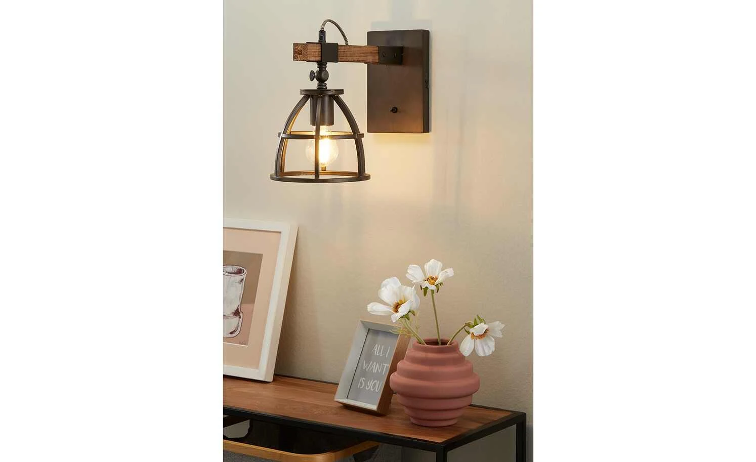 Wandleuchte, 1-flammig, schwarz/holz 1 Wandleuchte, 1-flammig, schwarz/holz