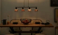 Pendelleuchte, 4-flammig, schwarz, Draht/ Rattan