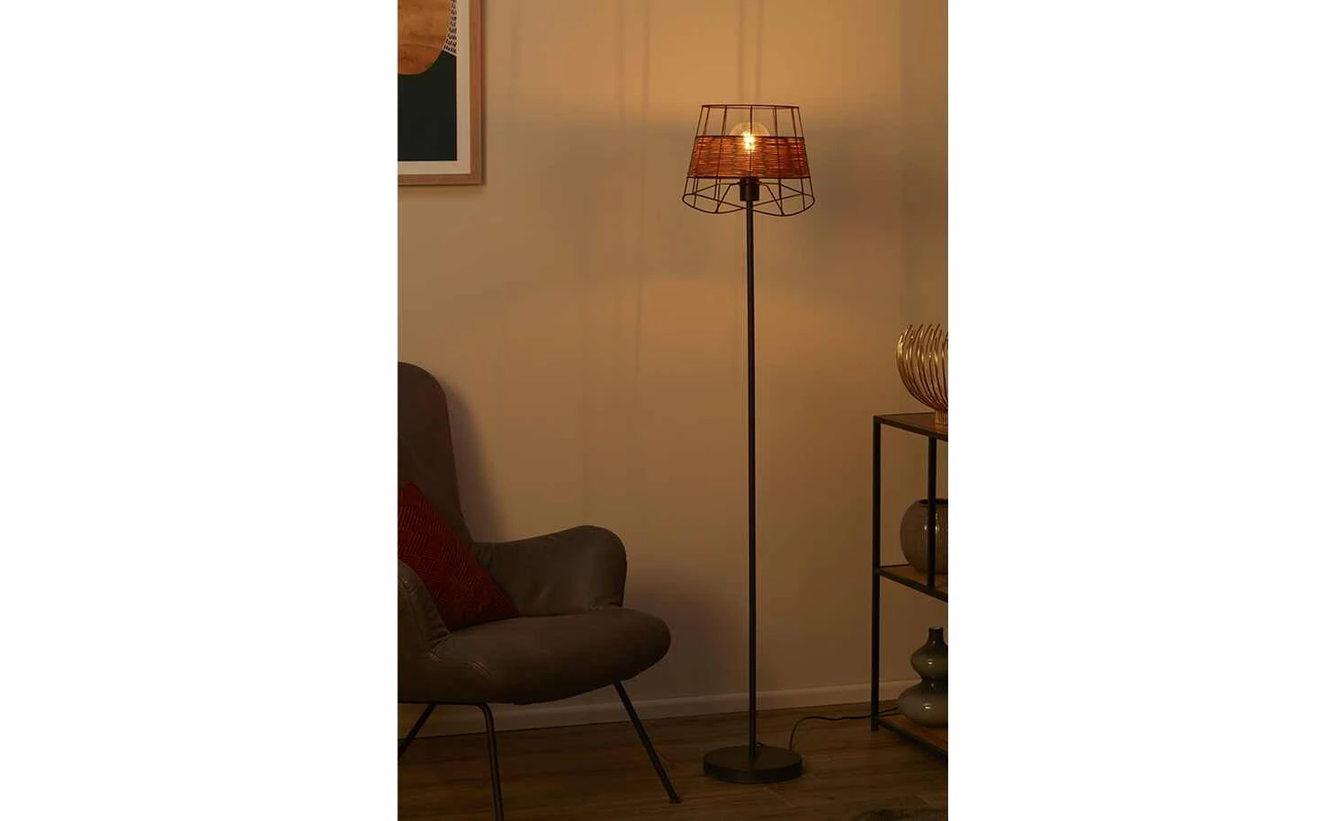 Stehleuchte, 1-flammig, schwarz, Draht/ Rattan 1 Stehleuchte, 1-flammig, schwarz, Draht/ Rattan