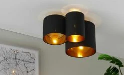Deckenleuchte, 3-flammig, Stoffschirm schwarz/gold