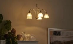 Pendelleuchte, 5-flammig, elfenbein/goldfarben