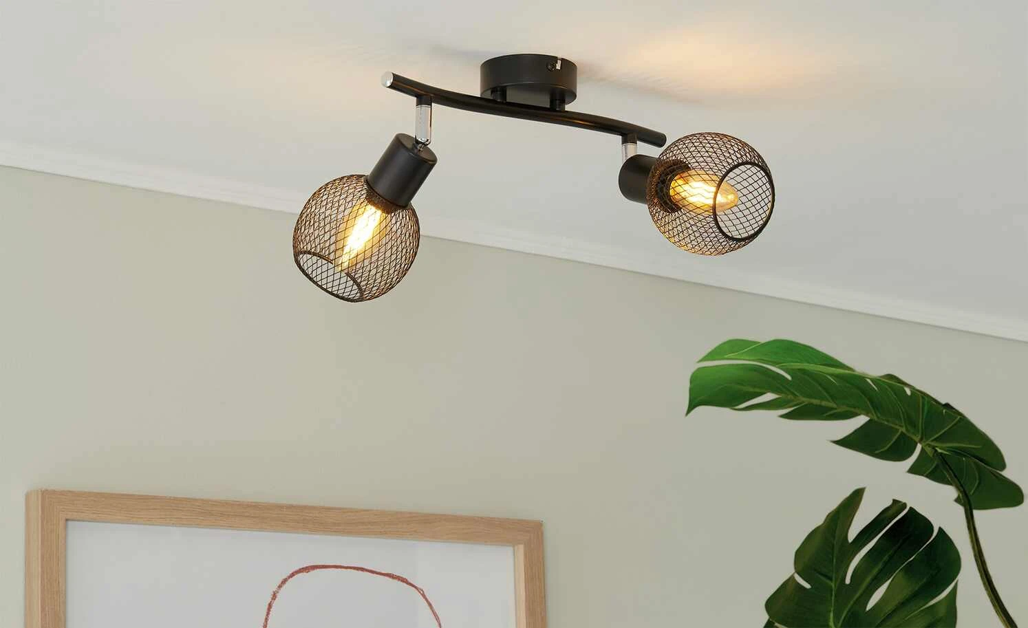 Deckenstrahler, 2-flammig, Drahtschirm schwarz 1 Deckenstrahler, 2-flammig, Drahtschirm schwarz