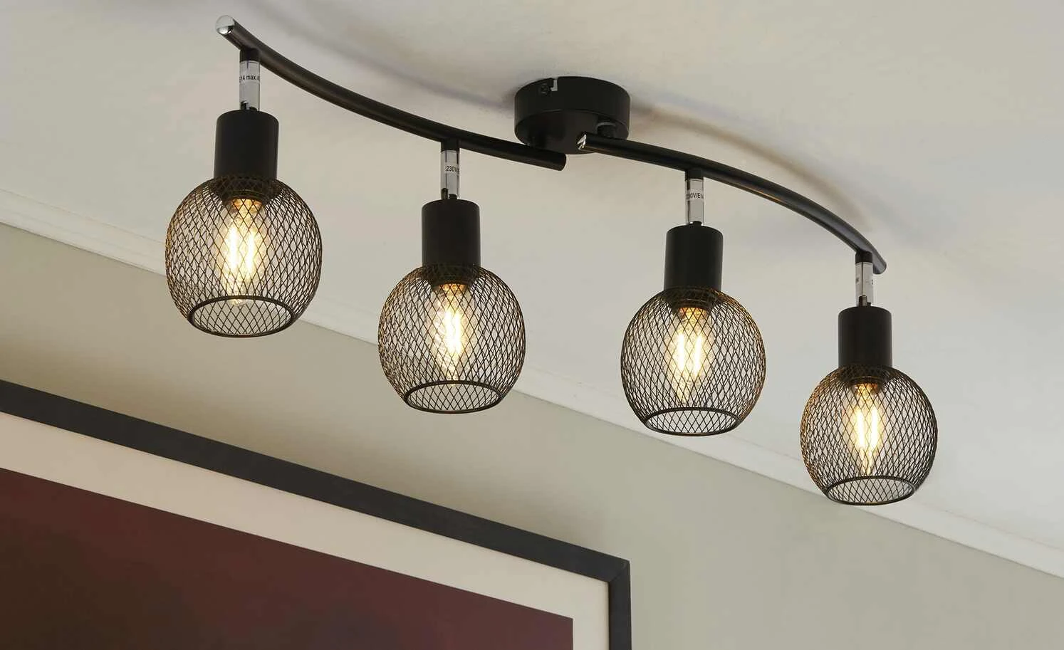 Deckenstrahler, 4-flammig, Drahtschirm schwarz 1 Deckenstrahler, 4-flammig, Drahtschirm schwarz