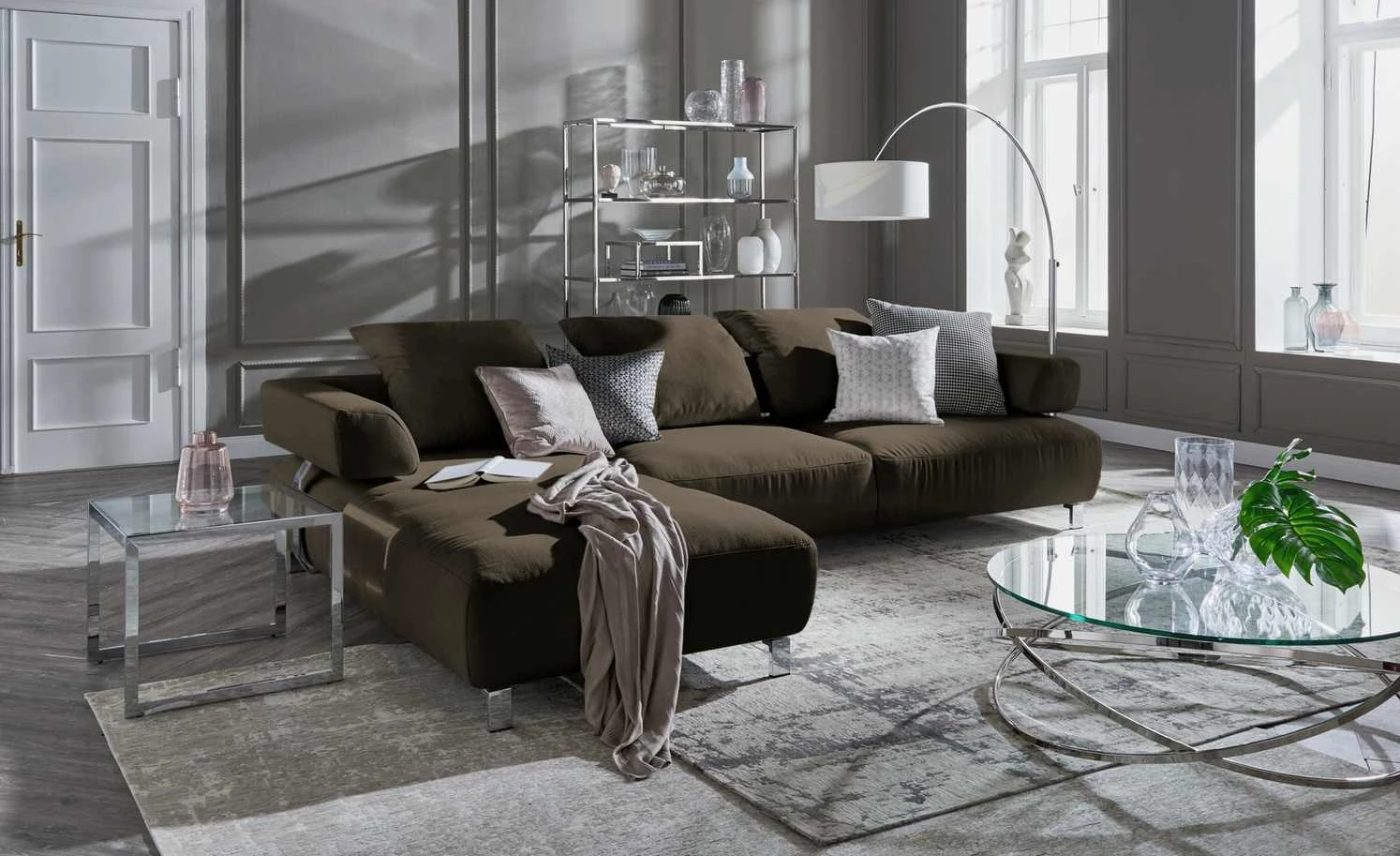 HOME STORY Bogenleuchte mit weißem Stoffschirm 1 HOME STORY Bogenleuchte mit weißem Stoffschirm